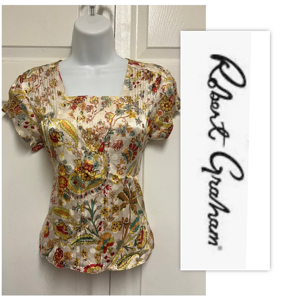Robert Graham Floral Satin Square-Neck Blouse in Cream, Yellow, Red, Green